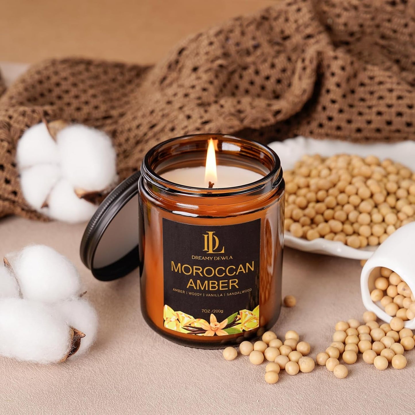 Moroccan Amber Scented Candle, Soy Candles for Home Scented, Masculine Amber Jar Candles Gifts for Men Women, 7oz