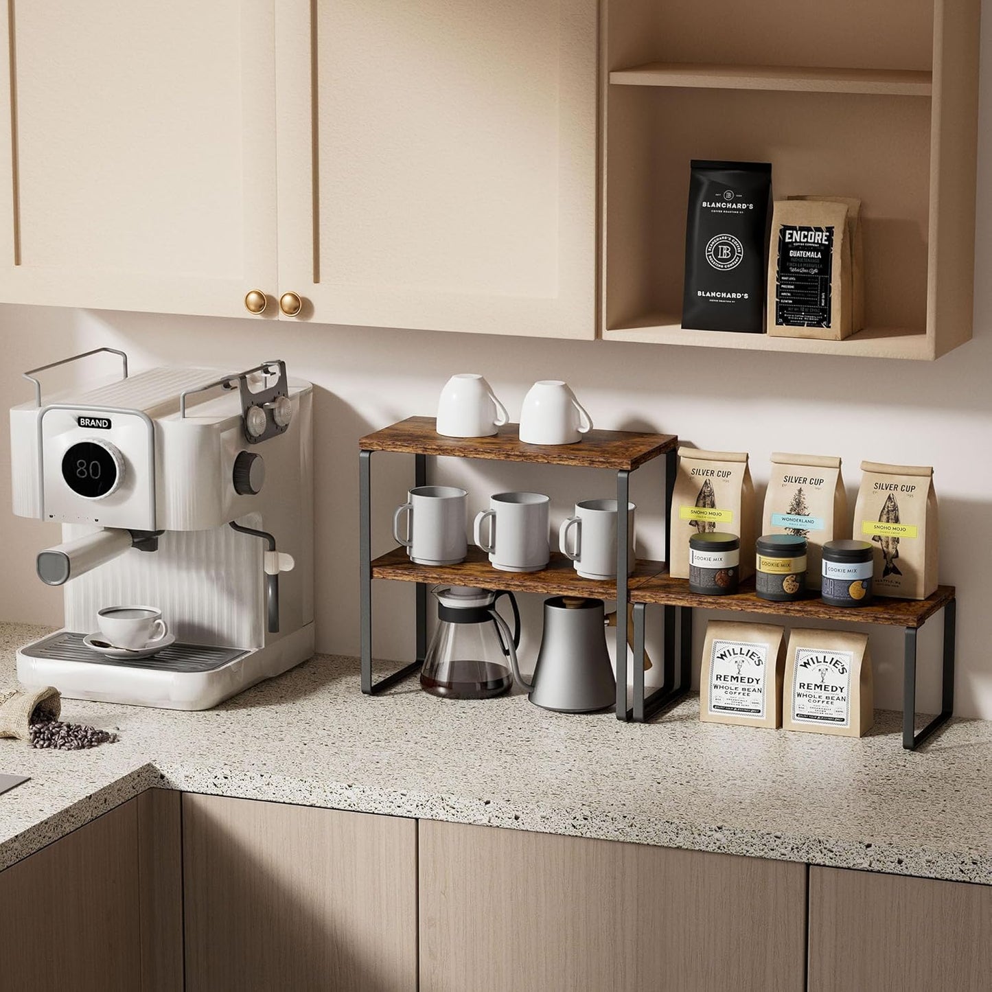 Large Countertop Organizer Corner Shelf, 2 Tier Adjustable Stackable Corner Shelves for Kitchen, Bathroom, Spice Rack, Coffee Area, Over Sink, Dresser Table, Corner Counter Shelf Stand, Rustic Brown