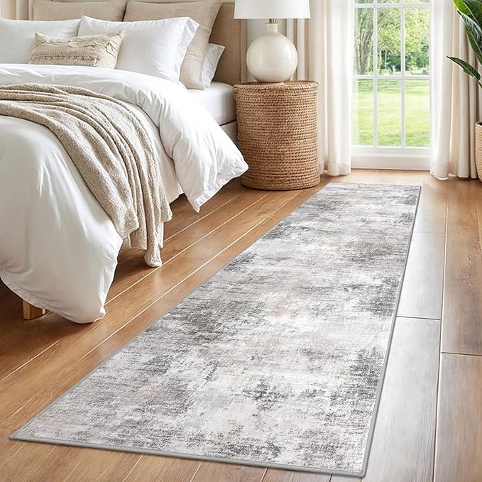 IOHOUZE Abstract Runner Rug 2x8 Ft Washable Runners for Hallways, Non Slip Kitchen Runner Printed Faux Wool Entryway Runner Indoor, Modern Abstract Floor Carpet for Hall Kitchen Bedroom, Grey Beige