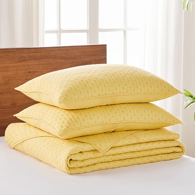 Levtex Home Cross Stitch Reversible Twin Bedspread Set (84x104in) with 1 Pillow Sham (26x20in) - Stitch Texture - Yellow - Cotton Twin Size Bedspread Set - Lightweight, Soft, Pre-Washed