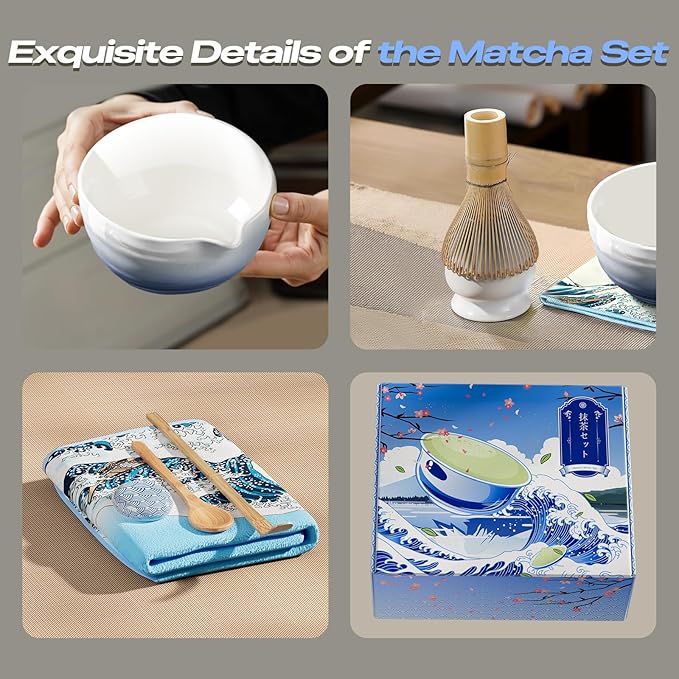 Matcha Whisk Set - 8 Pcs Tea Set with Bamboo Whisk and Holder, Ceramic Bowl, Bamboo Scoop and Spoon,Scoop Rest, Sifter & Tea Towel, Japanese Home Matcha Kit for Authentic Ceremony (Blue)