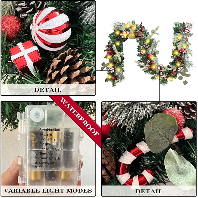 WANNA-CUL Pre-Lit 6 Feet/ 72 Inch Christmas Garland with Lights for Front Door Red White Christmas Mantel Garland Decoration with Ball Ornaments,Candy Canes,Eucalyptus Leaves, Battery Operated 30 LED