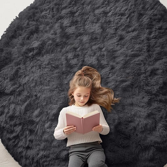 OLANLY Black Round Rugs for Bedroom - Machine Washable, 7 ft Circle Area Rugs for Living Room, Soft and Fluffy Shaggy Carpet for Teen Girls and Boys, Nursery Rooms, Dorms, Home Decor Aesthetic