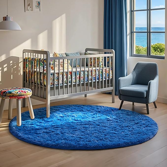 Ophanie Round Rug 5Ft Blue Circle Area Rug, Boys Room Decor, Fluffy Fuzzy Bedroom Carpet, Plush Soft Shaggy Living Room Rugs for Kids Home Decor Aesthetic, Nursery