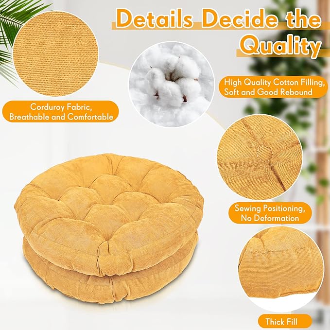 Jerify 4 Pcs Floor Pillow Cushions 22 x 22 Inch Round Square Large Meditation Floor Pillow for Classroom Adult Meditation Picnic Party Cushion for Seating Gift Christmas(Yellow,Round)