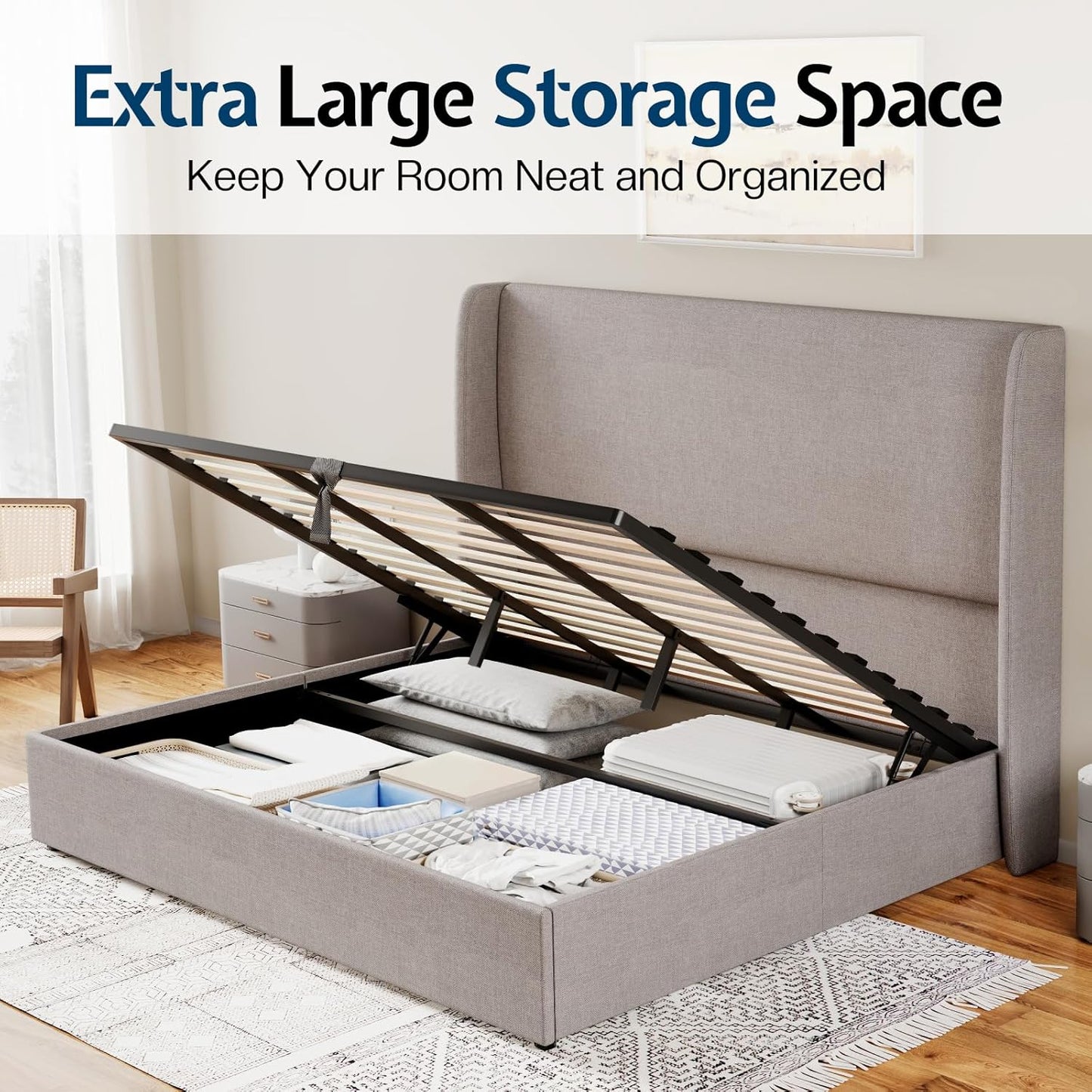 Jocisland Lift Up Storage Bed King Size Linen Upholstered Platform Bed Frame/Hydraulic Storage/Modern Wingback Headboard/No Box Spring Needed/Wood Slats Support/Light Grey