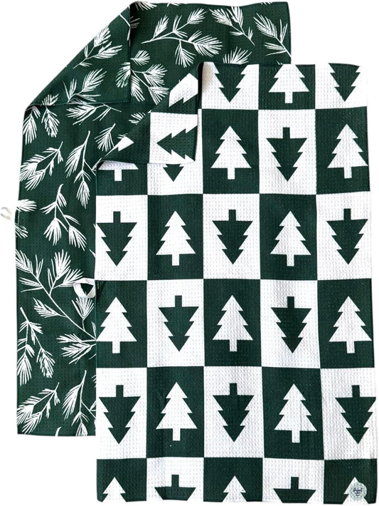 2 Pack || Double Sided|| Not Your Ordinary Kitchen Towels || Dish Towels || Quick Dry || Waffle Weave Microfiber || Designer Prints || Highly Absorbent || Hanging Hook (Forest Christmas)