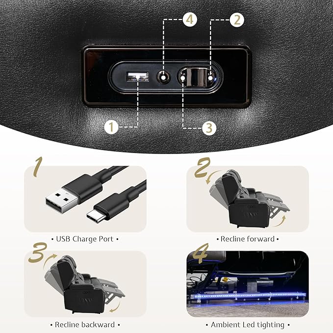 SAMERY Power Loveseat Recliner Sofa with Adjustable Split Back, Multi-Port Charger, Flip-Up Backrest & LED Lighting - Home Theater Seating with Storage, Cup Holders, Black Faux Leather Loveseat