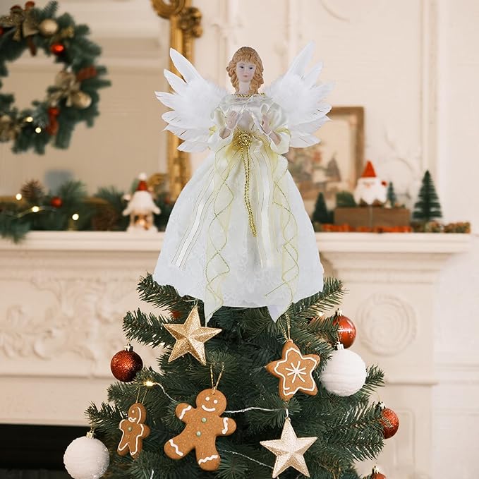 YOFIT 12-inch Lighted Angel Christmas Tree Topper - Battery Operated with Warm White LED Lights, Angel Ornaments for Xmas Tree Decor, Home Holiday Decorations