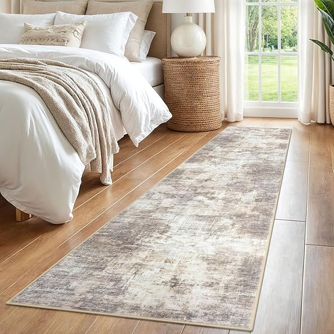 IOHOUZE Abstract Runner Rug 2x8 Ft Washable Runners for Hallways, Non Slip Kitchen Runner Printed Faux Wool Entryway Runner Indoor, Modern Abstract Floor Carpet for Hall Kitchen Bedroom, Beige Brown
