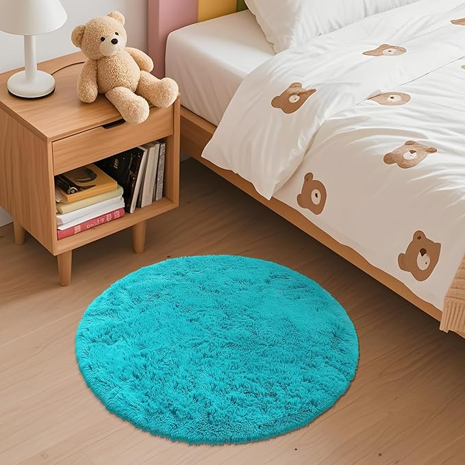 OLANLY Teal Blue Round Rugs for Bedroom - Machine Washable, 2 ft Circle Area Rugs for Living Room, Soft and Fluffy Shaggy Carpet for Teen Girls and Boys, Nursery Rooms, Dorms, Home Decor Aesthetic