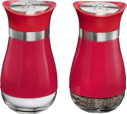 MITBAK Salt and Pepper Shakers (2-Pc. Set) Elegant w/Clear Glass Bottom | Compact Cooking, Kitchen and Dining Room Use | Classic, Refillable Design (Red)
