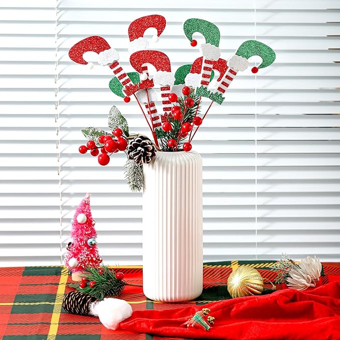 8Pcs Christmas Elf Feet Picks - Red White/Red Green Tree Decoration Ornaments for Home Office Party