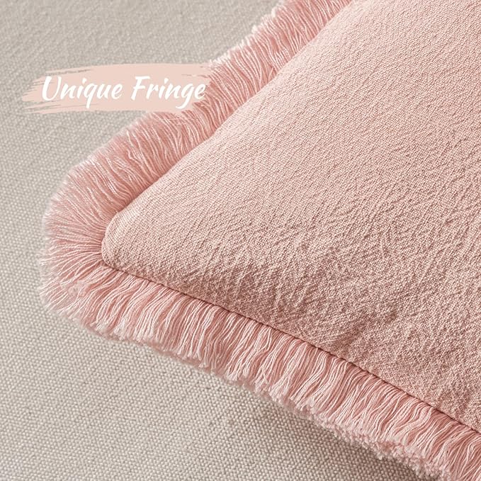 MIULEE Decorative Throw Pillow Covers Neutral Linen Fringe Throw Pillows Set of 2 Pink Boho Farmhouse Cushion Covers with Tassels for Couch Sofa Bed Living Room Spring Home Decor 20x20 Inch