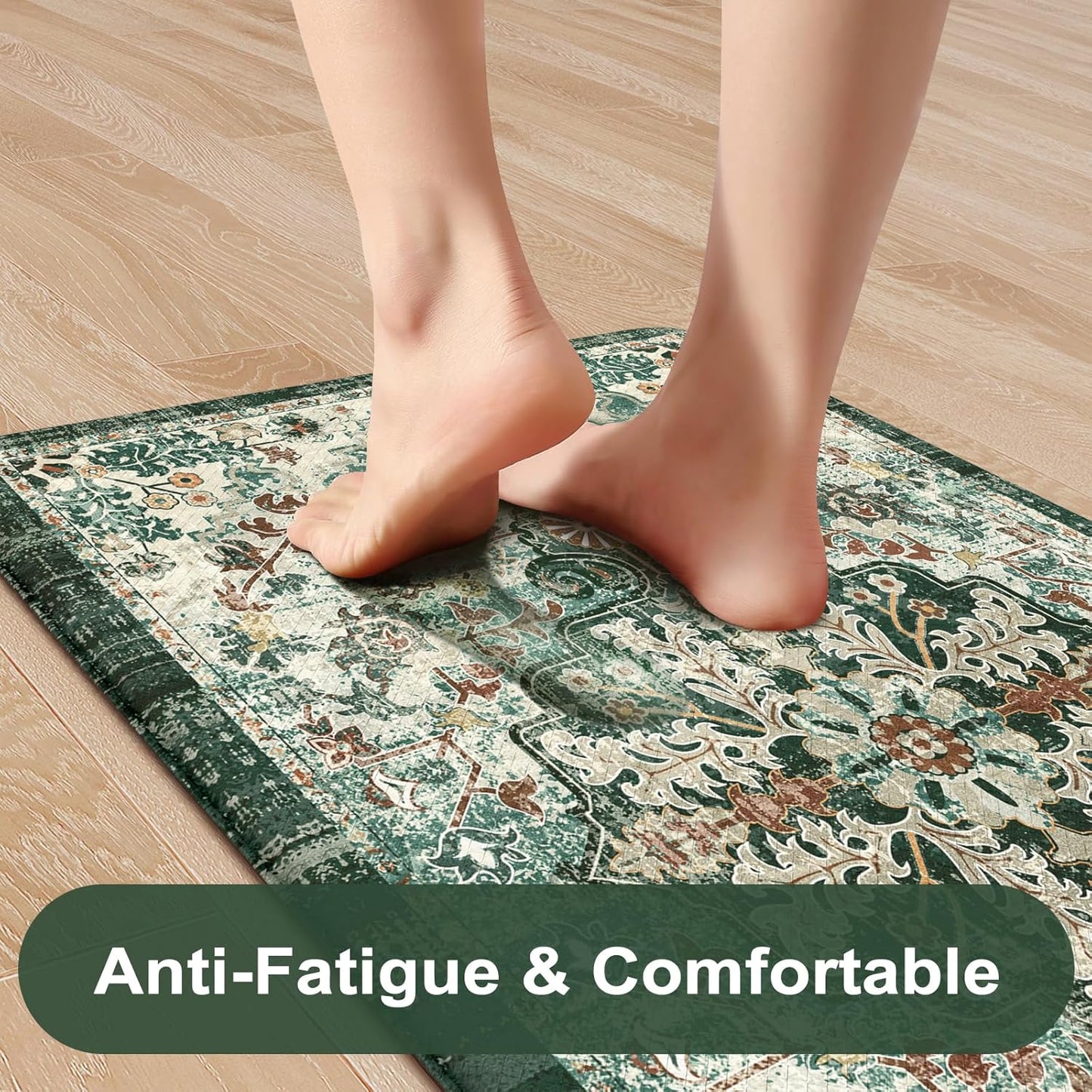 KIMODE Kitchen Mats Cushioned Anti Fatigue, Boho Oriental Kitchen Rugs 17"x47"+17"x29", Non Slip Kitchen Mats for Floor, Padded Kitchen Floor Mats for Sink Laundry Office Desk Green Multi