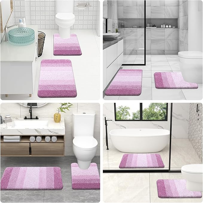 OLANLY Bathroom Rug Set 2 Piece, Soft Absorbent Microfiber Bath Mats and U-Shaped Contour Toilet Rug, Non-Slip, Machine Wash Dry, Plush Shaggy Bath Mats for Bathroom (24"x16"+24"x20", Pinkish-Purple)