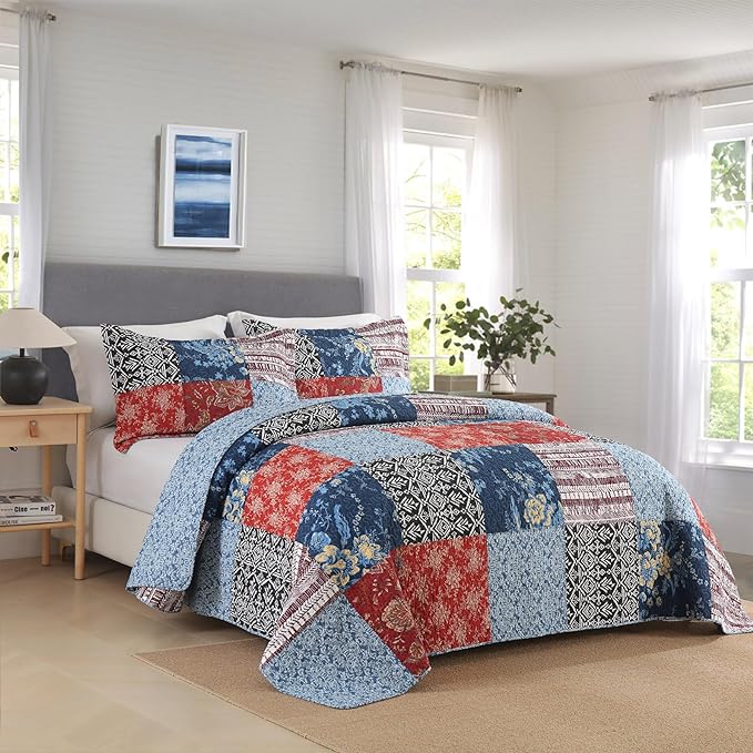Secgo California King Comforter Set for Bed - 100% Cotton Quilts Cal King Size, Black Bedspreads (120 * 110 Inch) with 2 Pillow Shams, Patchwork Reversible Lightweight Bedding