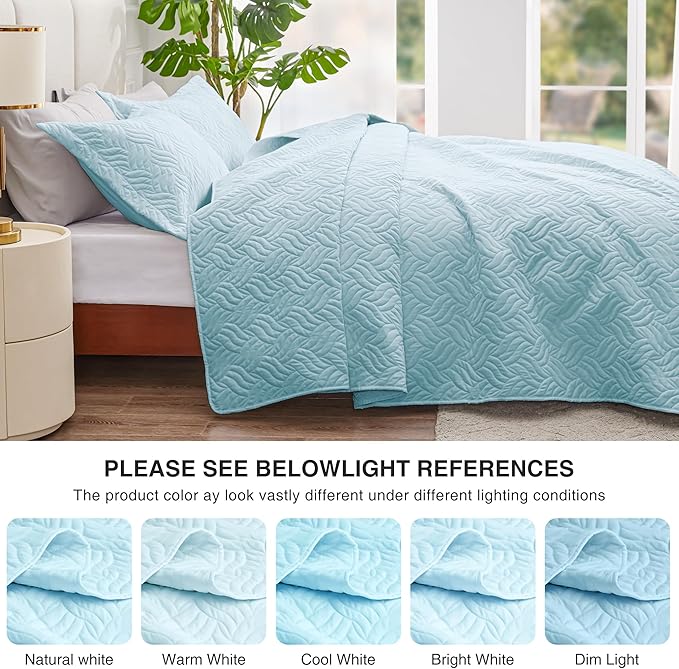 Love's cabin California King Size Quilt Bedding Set Light Blue Bedspread - Cal King Summer Lightweight Bedspread Comforter - Wave Pattern Coverlet for All Season - 3 Pieces (1 Quilt, 2 Pillow Shams)