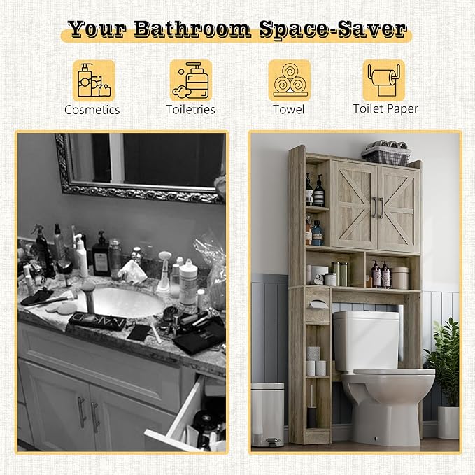 Over The Toilet Storage Cabinet, Farmhouse Storage Cabinet Over Toilet with 2 Barn Door & Toilet Paper Holder Stand, Home Space-Saving Rack, for Bathroom, Restroom (Grey).