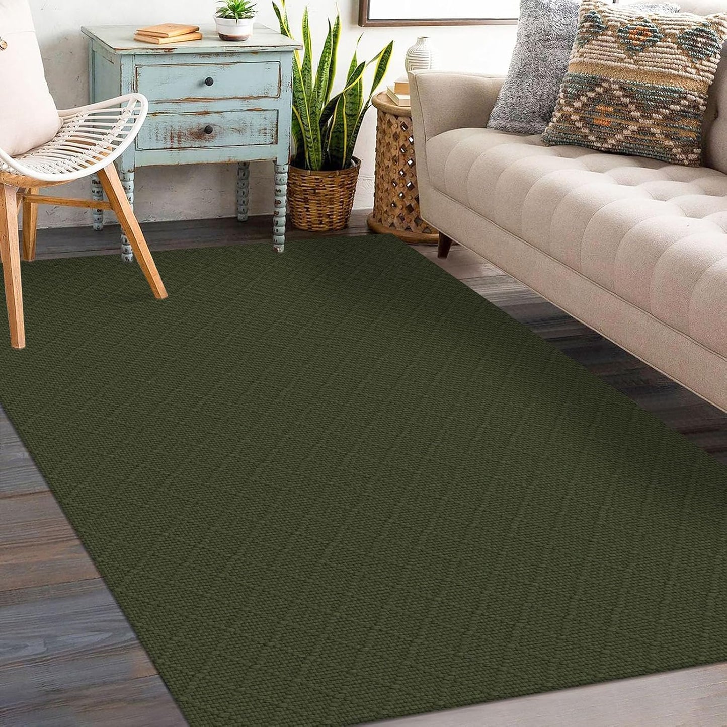 KOZYFLY Area Rug 3x5 Ft Washable Rugs for Entryway Non Slip Rubber Backed Throw Rugs Indoor Door Mat Woven Cotton Floor Carpet for Front Door Entrance Foyer Kitchen, Dark Green