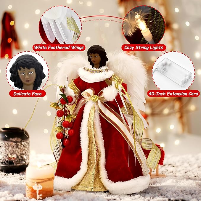 Angel Christmas Tree Topper with Lights, Lighted Tree Toppers Christmas Decorations, Elegant and Durable, Perfect for Holiday Home Decor and Gifts, Red, WOKEISE