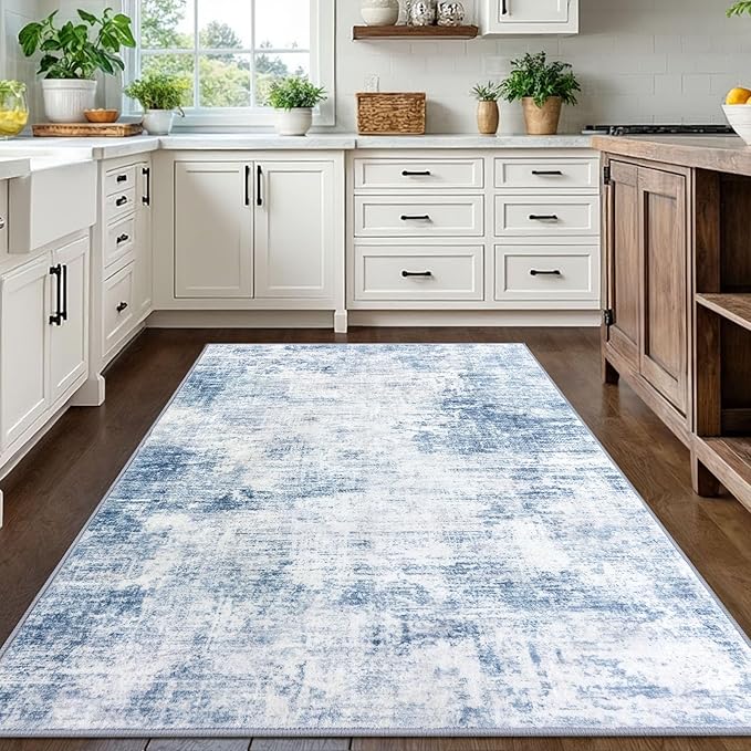 IOHOUZE Abstract Area Rugs 5x7 Ft Washable Rugs for Living Room, Non Slip Dining Room Rug, Printed Faux Wool Rugs for Bedroom, Floor Carpet for Office Nursery Playroom, Light Blue White