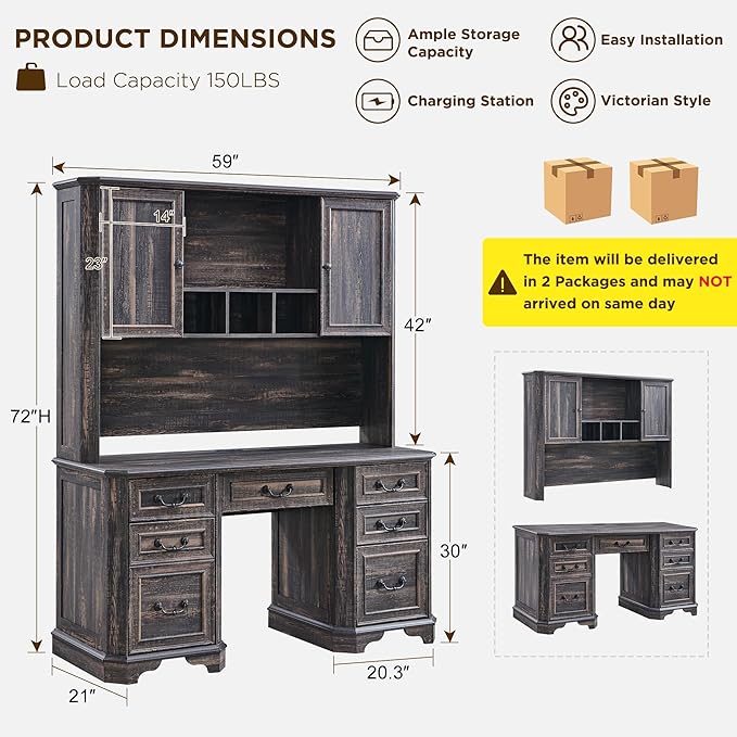 T4TREAM 59" Farmhouse Executive Desk with Hutch,Wood Home Office Computer Desk, Featuring Keyboard Tray,Charging Station,File Drawer, Storage Cabinet,for Work and Study (Dark Rustic Oak)