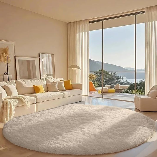 Ophanie Round Rug 8Ft White Circle Area Rug, Aesthetic Room Decor, Fluffy Fuzzy Bedroom Carpet, Plush Soft Shaggy Living Room Rugs for Kids Home Decor, Nursery