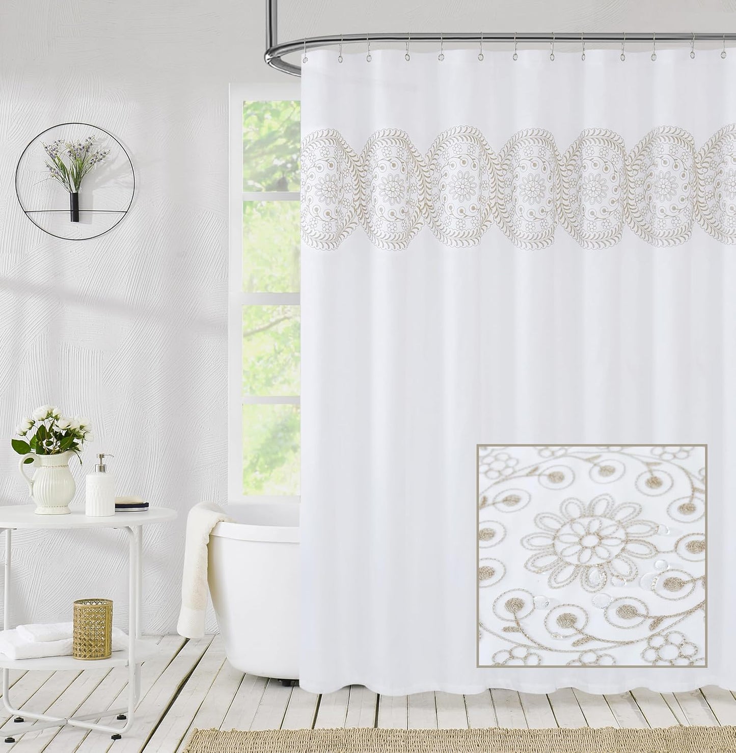 Jubilantex Tan and White Embroidered Shower Curtain for Bathroom, Farmhouse Boho Floral Fabric White and Beige/Ivory/Taupe/Cream Decorative Waterproof Rustic Bath Curtain for Spa Hotel, 70x72 Inches