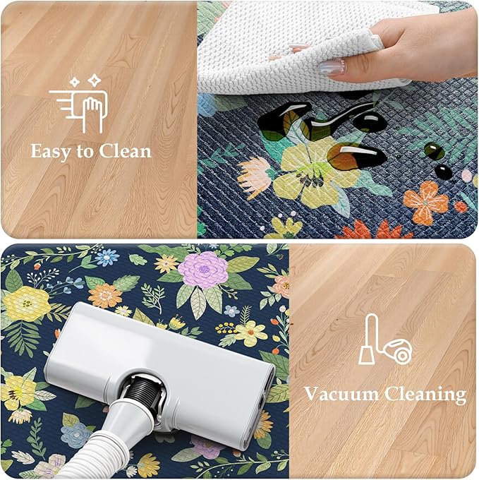 KIMODE Anti Fatigue Kitchen Mats for Floor, Farmhouse Rugs for Kitchen Floor, Cushioned Kitchen Floor Mat Non Slip, Comfort Standing Mat for Laundry Office Sink Desk Blue 17"x47"+17"x29"