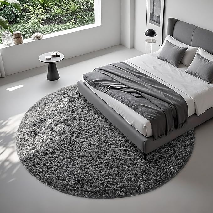 Ophanie Round Rugs 8Ft Grey Circle Area Rug, Fluffy Fuzzy Bedroom Carpet, Plush Soft Shaggy Indoor Floor Gray Living Room Rugs for Kids Home Decor Aesthetic, Nursery