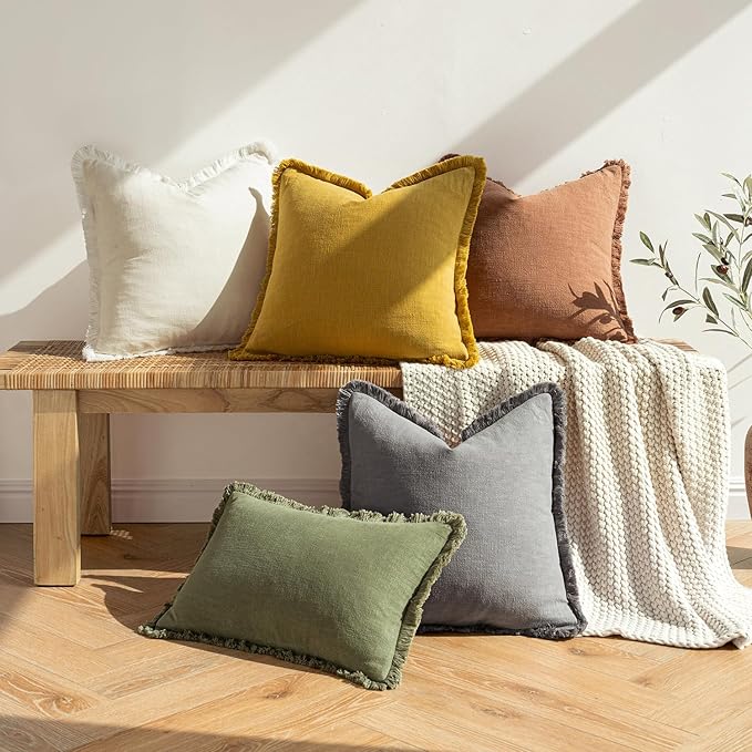 MIULEE Decorative Throw Pillow Covers Neutral Linen Fringe Throw Pillows Set of 2 Mustard Yellow Boho Farmhouse Cushion Covers with Tassels for Couch Sofa Bed Living Room Spring Home Decor 18x18 Inch