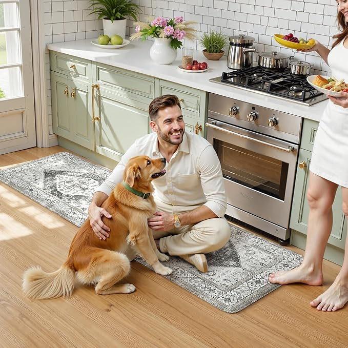 KIMODE Kitchen Runner Rug,17.3" x 59" Farmhouse Anti Fatigue Kitchen Mats for Floor Cushioned,Non-Slip Waterproof Comfort Thick Kitchen Floor Standing Mat for Front Sink,Laundry Room,Grey