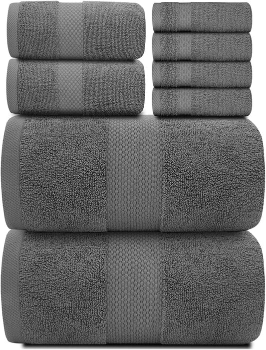 White Classic Luxury Bath Towel Set of 8 Pieces - 100% Turkish Cotton Highly Absorbent Towels for Bathroom, 2 Luxury Bath Towels 700GSM, 2 Hand Towels, 4 Washcloths, Dark Gray