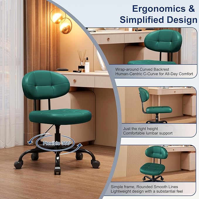 Misolant Vanity Chair with back, Small Armless Cute office Chair with wheels and Lumbar support, Comfy PU Leather Desk Computer Chairs with Adjustable Height, 360°Swivel for Home Bedroom Office, Green