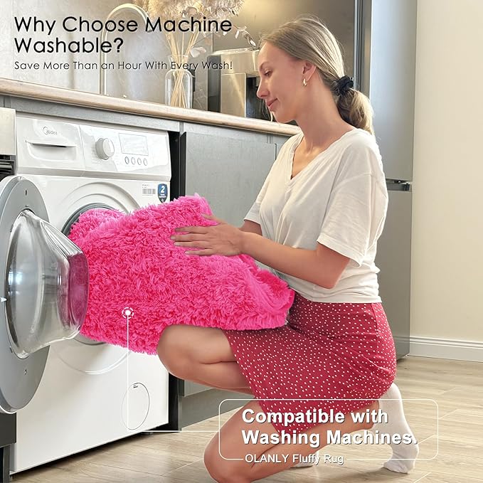 OLANLY 9x12 Machine Washable Large Area Rugs for Living Room, Bedroom, Soft Fluffy Shaggy Bedside Rug, Indoor Floor Carpet for Kids Girls and Boys, Dorms, Nursery, Home Decor Aesthetic, Hot Pink