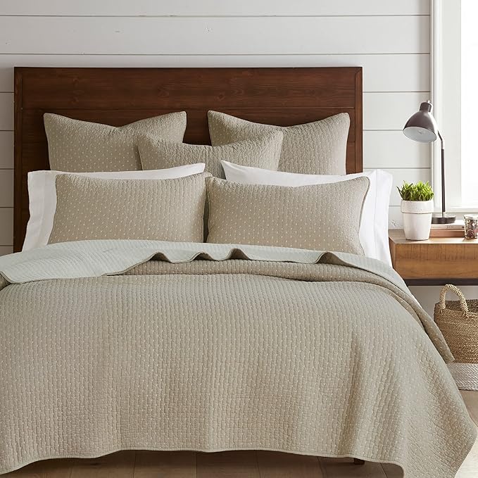 Levtex Home Cross Stitch Reversible Twin XL/Twin Quilt Set (68x86in) with 1 Pillow Sham (26x20in) - Stitch Texture - Taupe - Cotton Twin/Twin Size Quilt Bedding Set - Lightweight, Soft, Pre-Washed