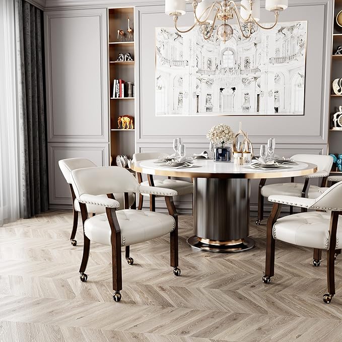 MODERION Solid Wood Boss Caption's Chairs,Dinning Chairs with Wheels and Arms,Office Desk Chairs, Classic Swivel Accent Chairs with Upholstered,Dinner Chairs, 31.5¡±H White SY318WT