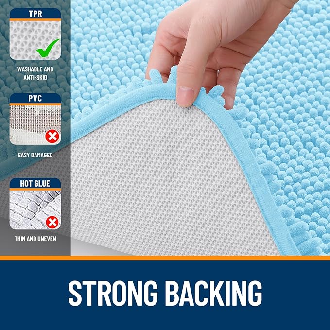 OLANLY Bathroom Rugs 44x24, Extra Soft Absorbent Chenille Bath Rugs, Rubber Backing Quick Dry, Machine Washable Bath Mats for Bathroom Floor, Tub and Shower, Home Decor Accessories, Sky Blue