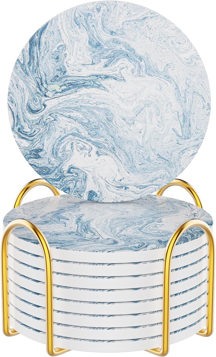 Coasters for Drinks Set of 8, Absorbent Abstract Light Blue Marble with Metal Golden Holder, Ceramic Coaster Set Cup Mat for Home Decor, Bar, Kitchen, Party