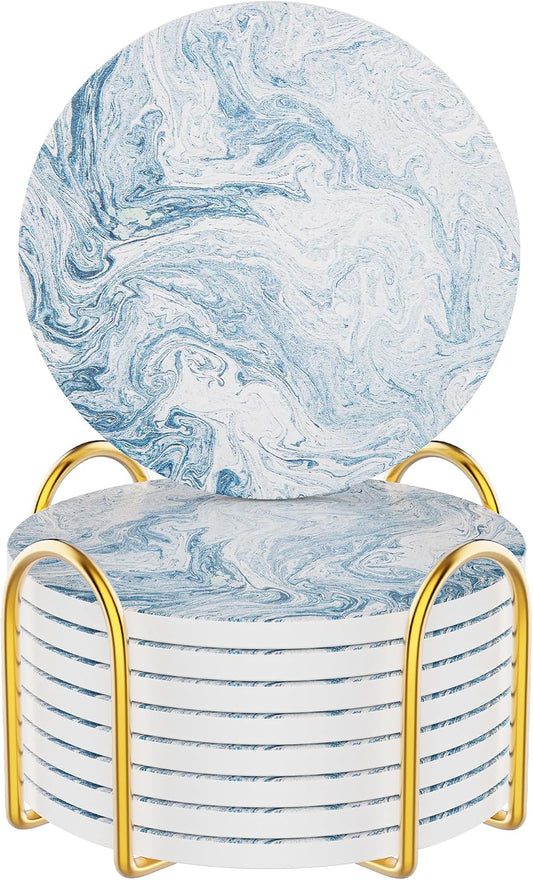 Coasters for Drinks Set of 8, Absorbent Abstract Light Blue Marble with Metal Golden Holder, Ceramic Coaster Set Cup Mat for Home Decor, Bar, Kitchen, Party