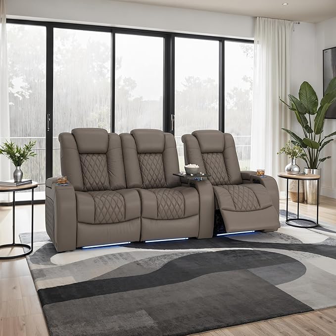 Seatcraft Diamante Zero-Gravity CoolZero Italian Leather Home Theater Seating, Power Headrest, Power Recline, Row of 3 Left Loveseat, Gray