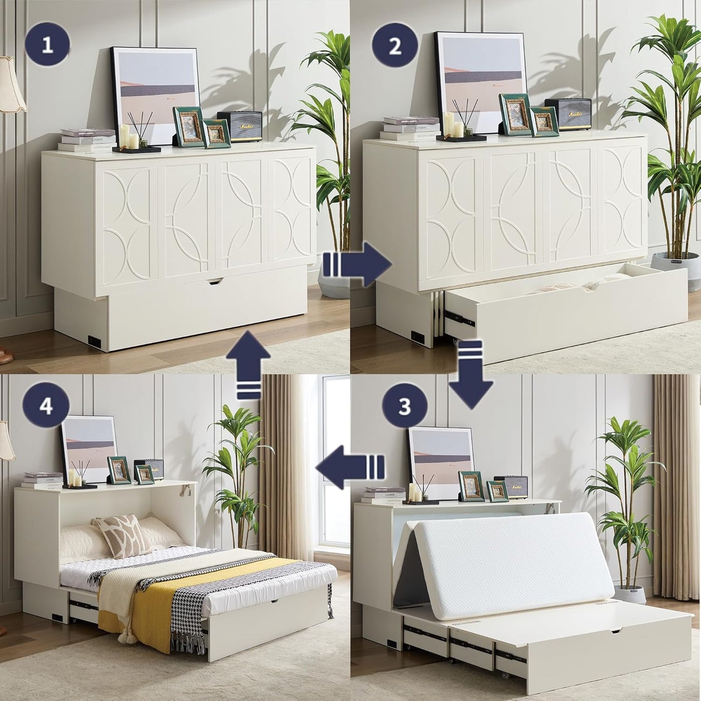 KEIKI Queen Murphy Bed with Storage, Folding Foam Mattress, Oversized Drawers, USB Ports & AC Outlets, Space-Saving Cabinet Bed, White