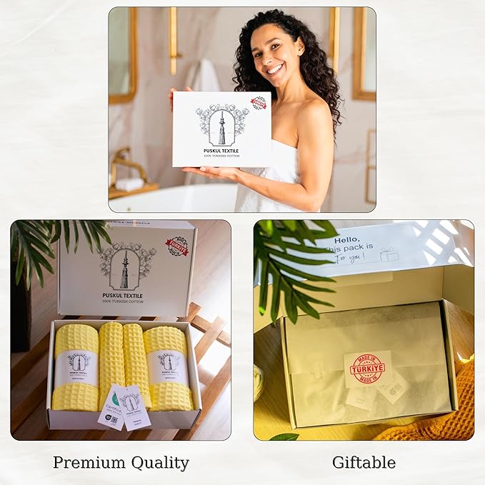 Püskül - Luxury Waffle Towel Set for Bathroom 4 Pieces Yellow, Premium Quality Organic 100% Turkish Cotton 2 Hand and 2 Bath Towels Sets, Quick Dry Thin Waffle Towels, Made in Turkiye (Light Yellow)