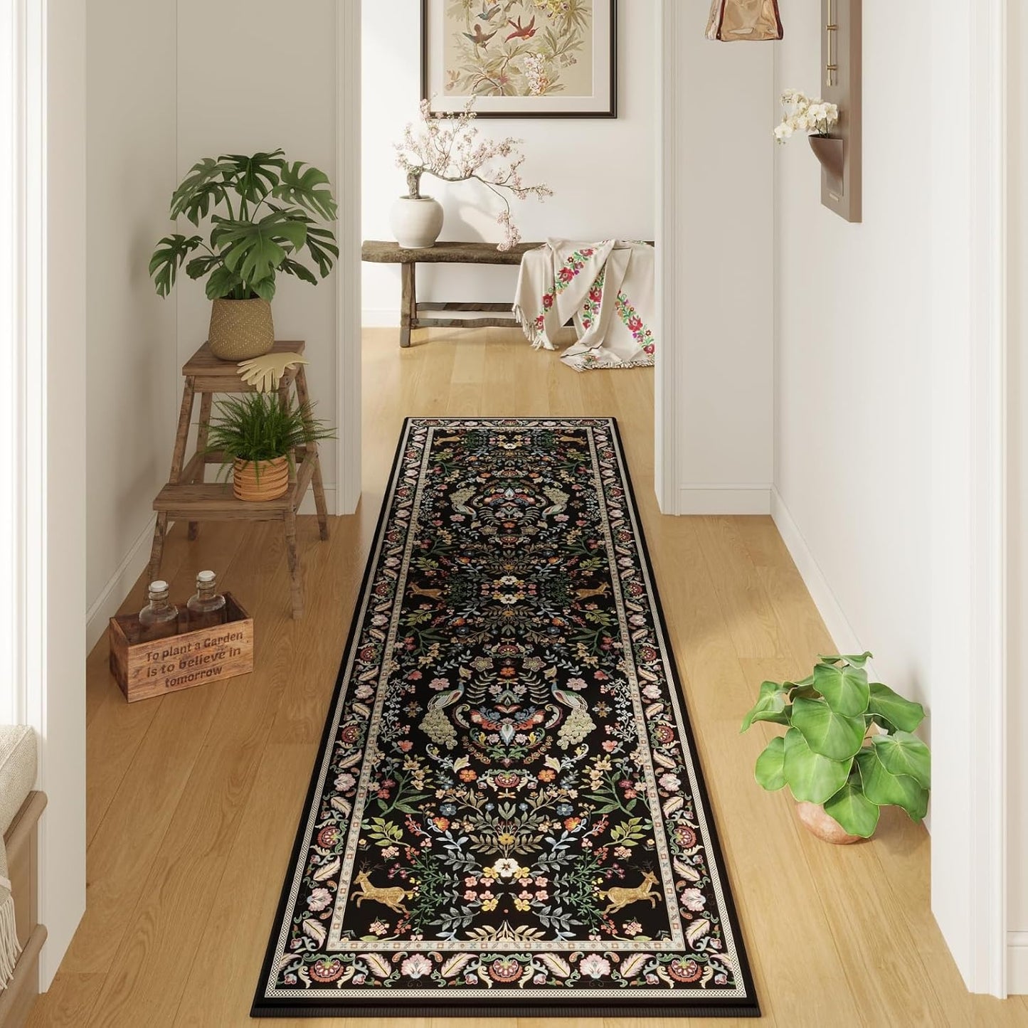 Runner Rug Washable Kitchen 2'6''x8' Rug for Entryway Indoor Floral Non-Slip Soft Carpet Runner for Hallways, Kitchen, Laundry, Bedroom, Bathroom (Vibrant Black)