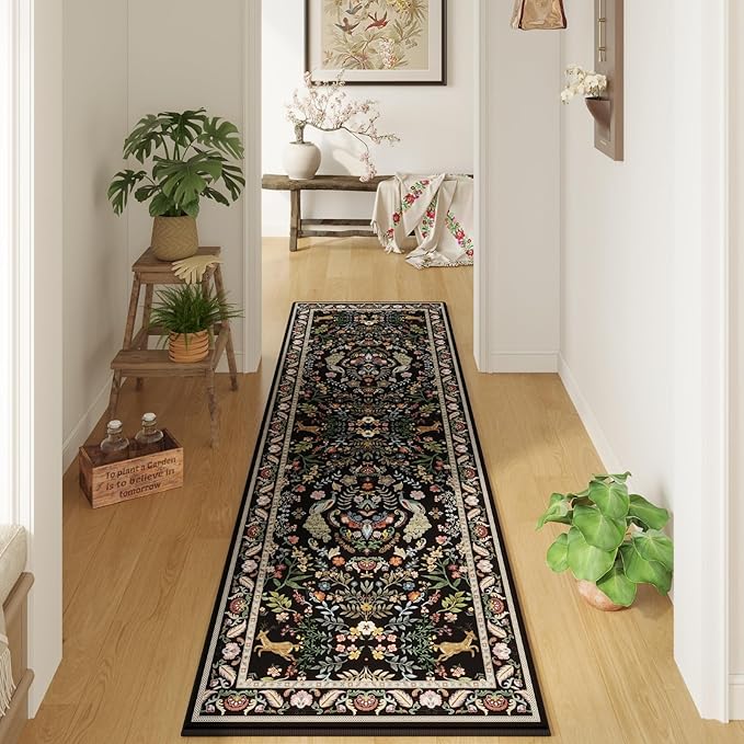 Runner Rug Washable Kitchen Runner 2'x6' Rug Floral Non-Slip for Entryway Indoor Soft Carpet for Hallways, Kitchen, Laundry, Bedroom, Bathroom (Vibrant Black)