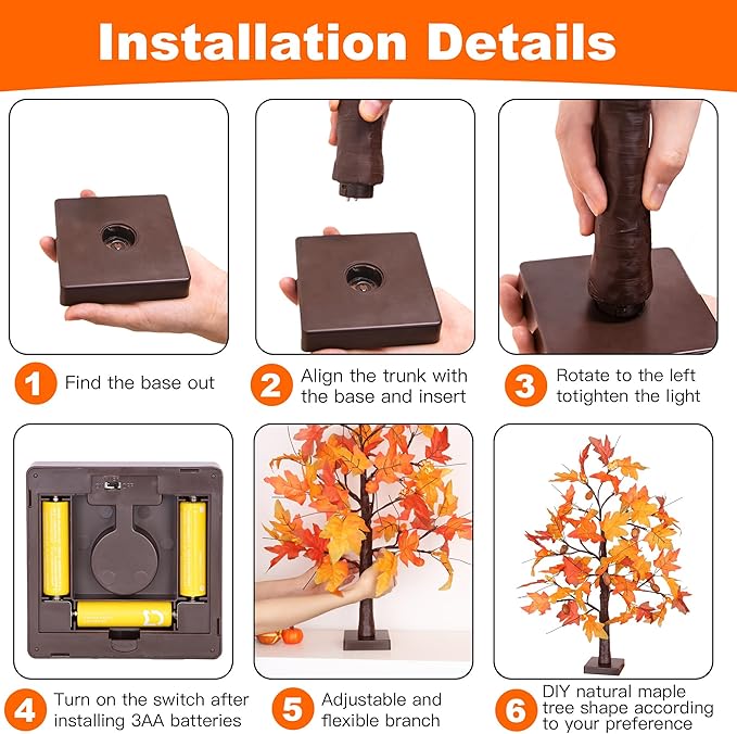 2 Pack 24 Inch Fall Maple Tree with 48LED Battery Operated Lighted Tabletop Artificial Tree with Pumpkin Acorn Maple Fall Centerpieces Indoor Fall Decorations for Home Office Thanksgiving Table Decor