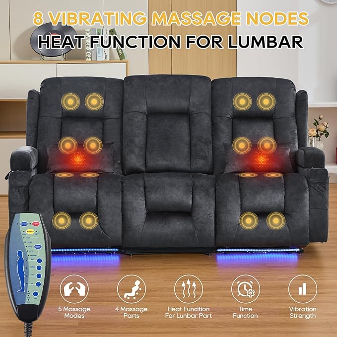 IPKIG 76" Power Reclining Sofa, Electric Home Theater Seating with Flipped Middle Backrest/LED Lighting/USB Ports/Built-in Outlets, Dual Recliner Sofa 3 Seater for Living Room RV (Grey)