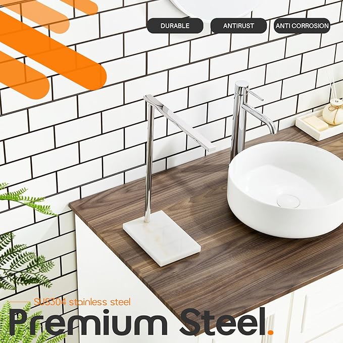 Towel Holder Chrome for Bathroom Vanity Countertop 1-Tier Towel Rack Stand with Heavy Marble Base Thicken Steady, Polished Stainless Steel AN7002CH