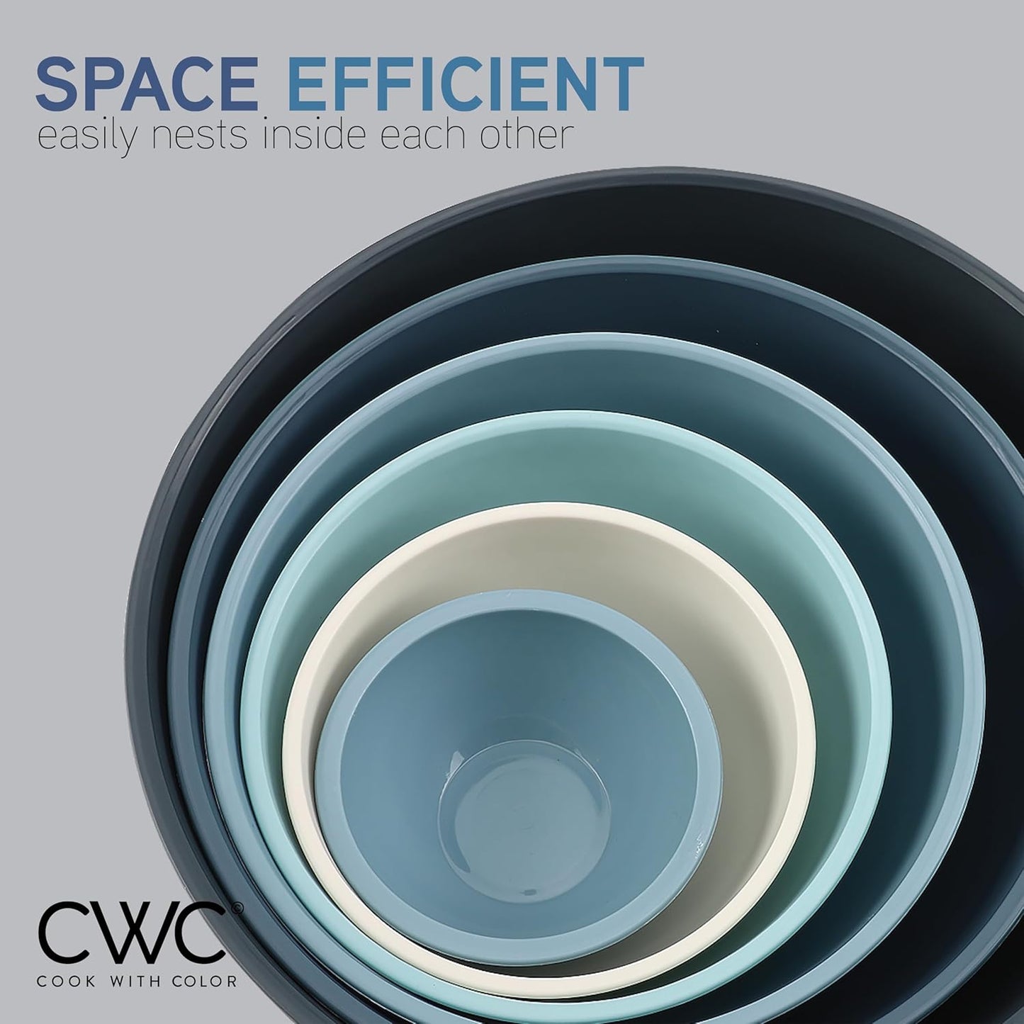 COOK WITH COLOR Mixing Bowls with Lids - 12 Piece Plastic Nesting Bowls Set includes 6 Prep Bowls and 6 Lids, Non Slip Bottom and Embossed Design - Microwave Safe (Blue)